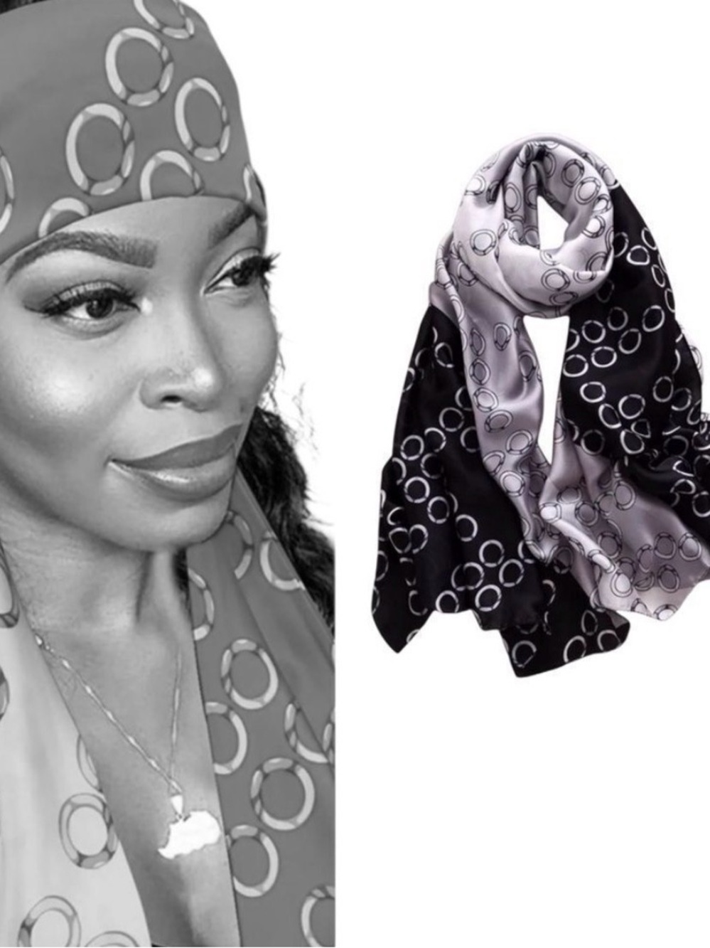 Black Gray Abstract Silk Scarf Oversized Headscarf Neck Wrap OS NWT - Picture 2 of 3